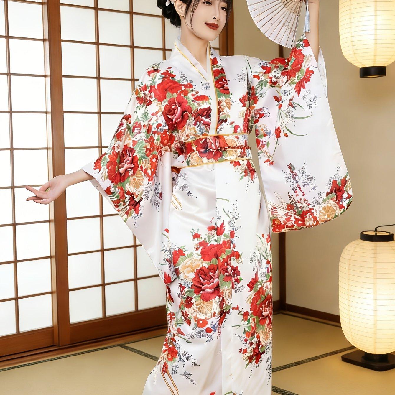 TEMU Long Women's Kimono, Traditional Japanese Attire, Geisha Yukata With Floral Patterns, Formal Robe For Adults, Costume Set For Masquerade Role Play, Women's Japanese Clothing