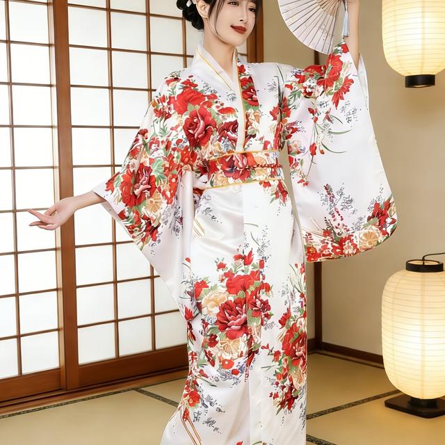 TEMU Long Women's Kimono, Traditional Japanese Attire, Geisha Yukata With Floral Patterns, Formal Robe For Adults, Costume Set For Masquerade Role Play, Women's Japanese Clothing
