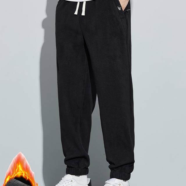 TEMU Men's Thickened Fleece Jogger Pants, Warm Slim Fit Sweatpants With Zipper Pockets, Casual Polyester Athletic Trousers, Regular Fit, Stretch Knit Fabric, Solid Color, Home & Streetwear