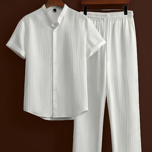 TEMU Conjunto de 2 Piezas: Camisa de Manga Corta + Pantalones con Cordón, Casual Transpirable Adecuado para en