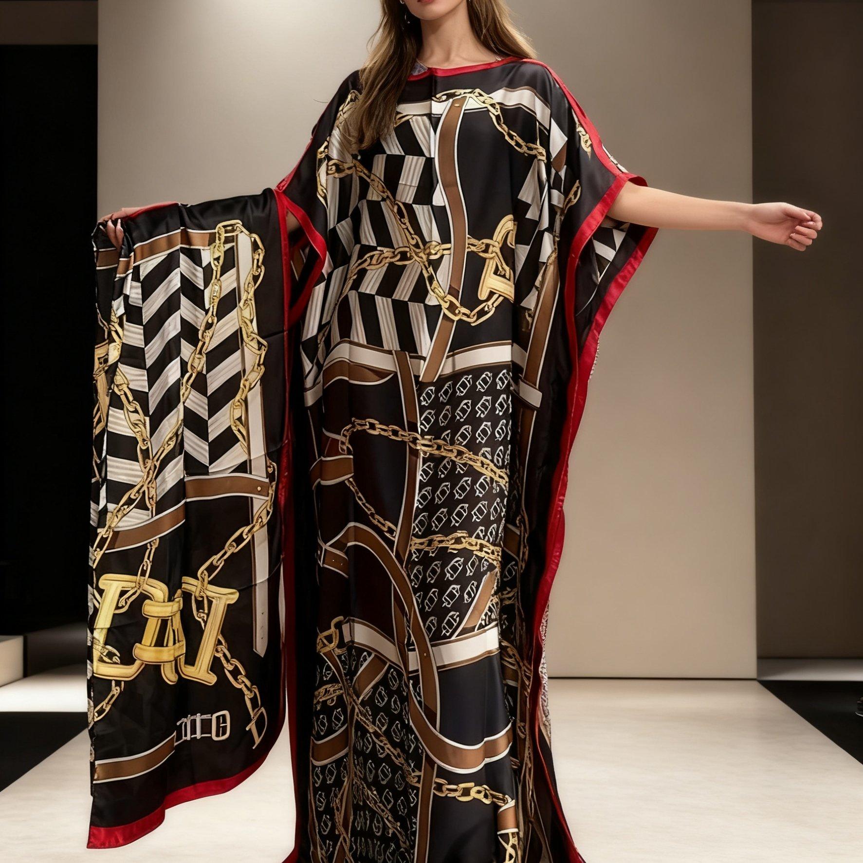 TEMU Robe Élégante Grande Taille à Imprimé Chaîne et Manches Chauve-souris avec Foulard pour Femmes - Jupe Crayon Longue Opake, Ceinture Ajustable, Coupe pour Sorties Formelles et Décontractées Toutes