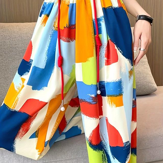 TEMU レディース ハイウエスト パジャマパンツ＆カジュアルラウンジパンツ - ビビッドタイダイ抽象柄、伸縮性ドローウエストバンド、二重ポケット付き、ゆったりストレートデザイン、高弾力素材でオール快適、ホーム＆スリープウェア