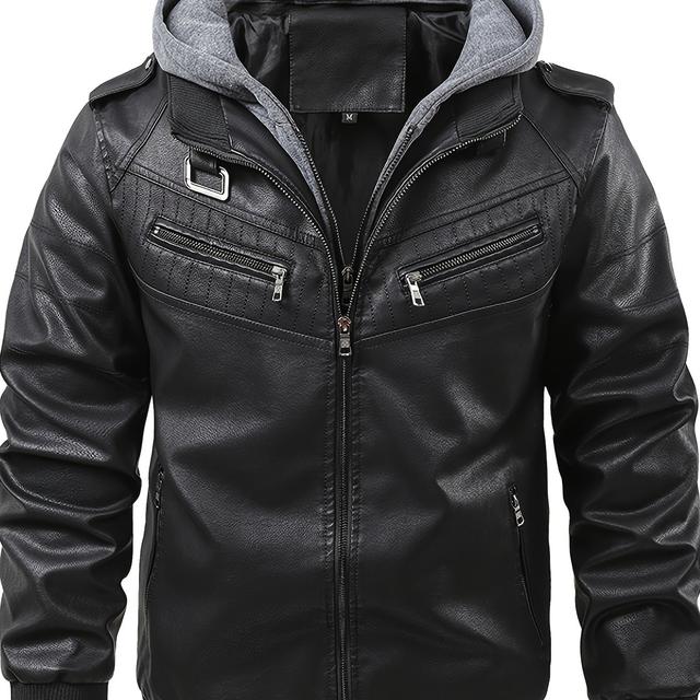 TEMU 2024 Men's Casual Hoodie Jacket With Detachable Hood - Stand Collar Zip-up Coat, Black -textured Polyester, Front Pockets & Zippered Compartments, Regular Fit For Urban Streetwear, Jacket Hoodie
