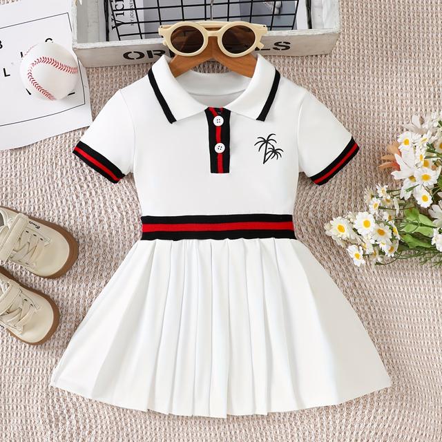 TEMU Robe Plissée à pour Filles avec Motif de Palmier - Manches Courtes, Boutonnage sur le Devant, Bordure Rayée, Tenue Décontractée Printemps/Été pour Tout-, Robe pour Fillettes