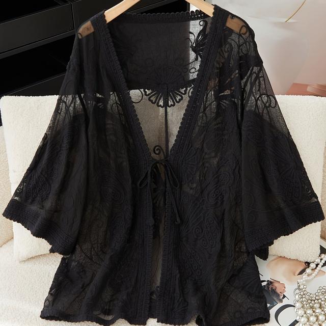 TEMU Seaside Vacation Beach V-neck Tie-back Top Women's Summer Lightweight Open Front Cover-up