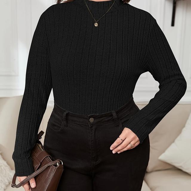 TEMU Plus Size - Plus Size - Plus Size Women's Semi-high Neck Ribbed Top Long Sleeve Shirt