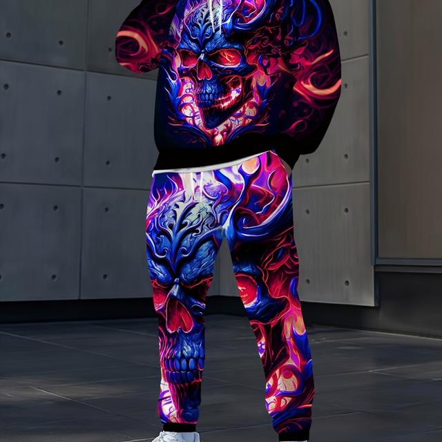 TEMU Ein lebendiges und stylisches Herren-Outfit-Set mit digitalen Totenkopf-Druck, bestehend aus einem lässigen Langarm-Hoodie und Freizeithosen mit Kordelzug, für Paare.