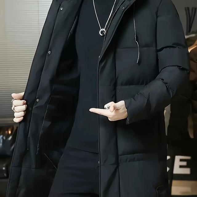 TEMU Herren Lange Winter-Kapuzenparka - Warme & Gemütliche Polyesterjacke mit Reißverschlusstaschen, Olivgrüne Freizeitoberbekleidung für Kaltes Wetter