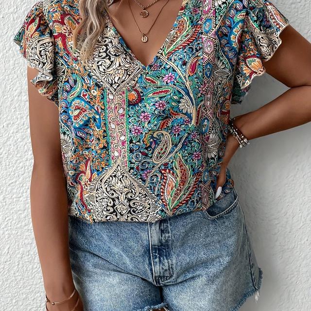 TEMU Plus Size - Plus Size - Blouse met Paisley Print en Pofmouwen