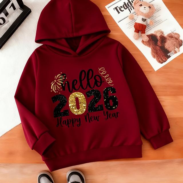 TEMU 2026 سترة أطفال بغطاء للرأس للعام الجديد! طباعة لامعة "مرحبًا 2026"، جذابة، مريحة، قابلة للغسيل في الغسالة، اجعل طفلك محور الاهتمام في العام الجديد