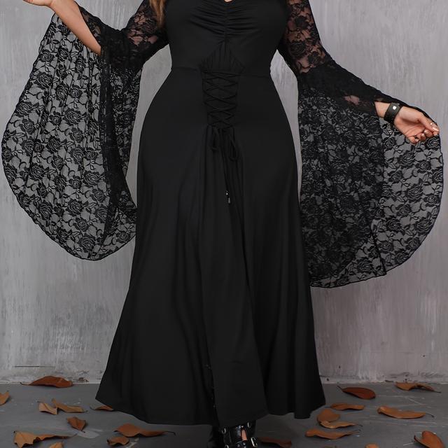 TEMU Plus Size - Plus Size - A Dress For Plus-size Women Featuring A Hood, Lace Details, , A Lace-, Flared Sleeves, And A Gothic Aesthetic, Halloween And Makes An Excellent Gift