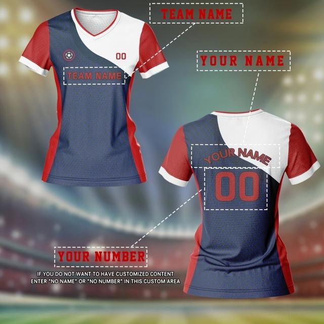 TEMU Customizable Women's V-neck Football Jersey - Personalized Name & Number, Breathable Polyester, Quick- Top For , Casual Wear, And Fitness - Dark Blue With Red Sleeves