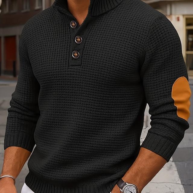 TEMU Men's Fashion Casual Waffle Knit Henley Shirt With Button- Collar And Ribbed Trim, Long Sleeve For Autumn/winter