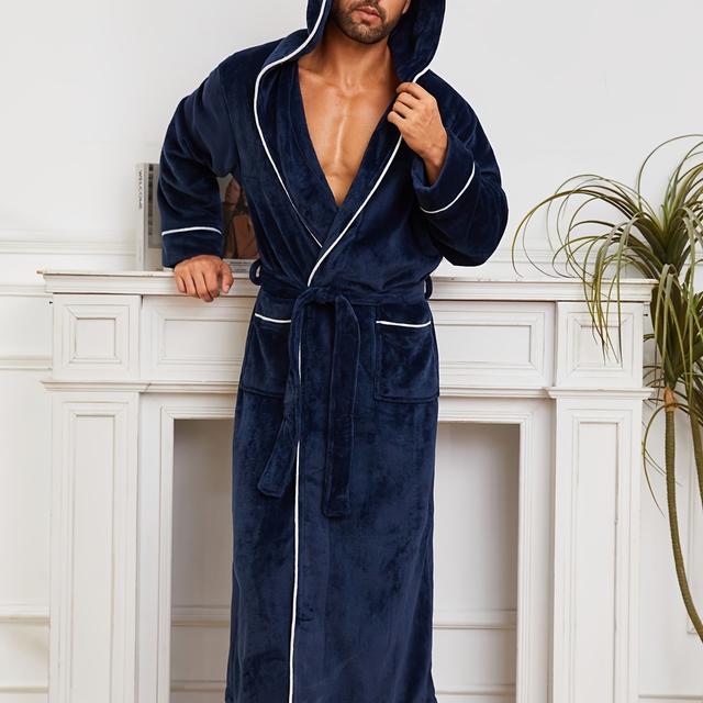 TEMU 1pc Luxurious Plush Fleece Bathrobe - Cozy Thick Double-layer Hooded Lounge Wear With Pockets, Machine Washable, Ideal For Autumn/winter