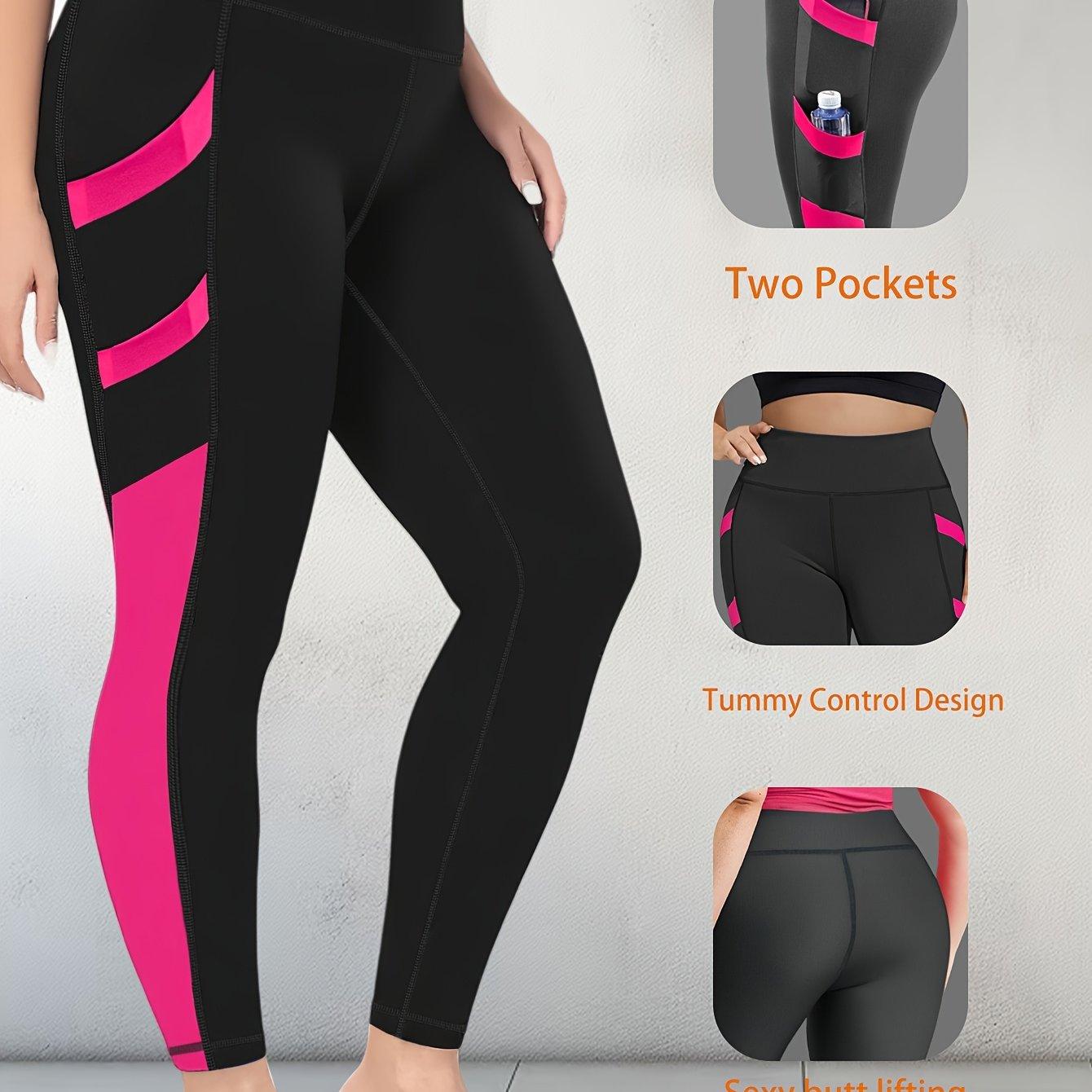 TEMU Plus Size Women's High-waisted Yoga Pants Tummy Control Workout Leggings With 4 Side Pockets Color-blocking Design,for Running, Fitness Casual & Sports Wear