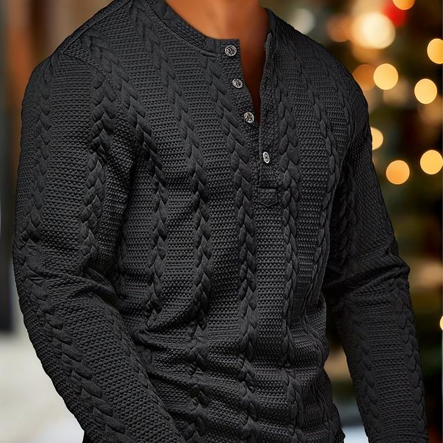 TEMU Men's Fashion Top, Autumn Winter Casual Textured Jacquard Fabric, Round Neck Single-breasted Long Sleeve Henley Shirt