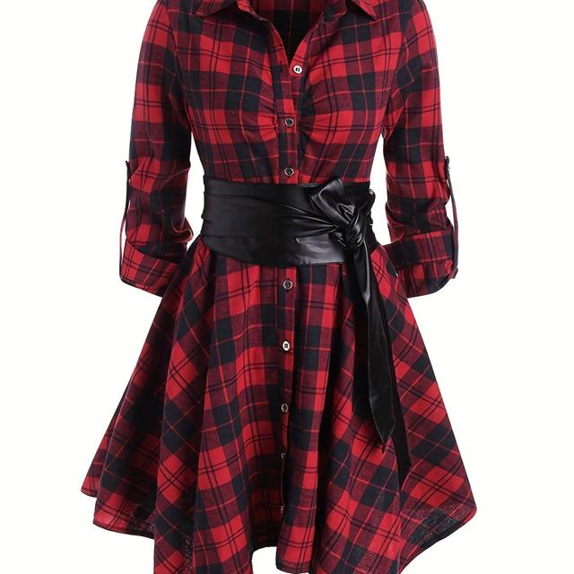 TEMU Plus Size - Červené módní šaty s kostkovaným potiskem, páskem a nepravidelným límcem