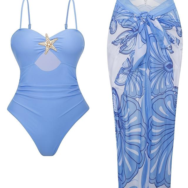 TEMU Un nuevo conjunto de dos piezas que incluye un bañador azul con , con tirantes , y una falda envolvente azul con estampado de conchas, perfecto para elegantes vacaciones en la playa.