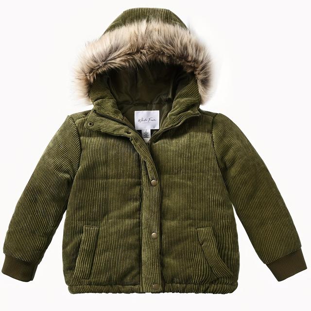 TEMU 1pc 's Casual Corduroy Hooded With Faux Fur Trim, Polyester And Nylon Blend, Zipper Detail, Regular Fit For Fall/winter, Applicable 3 Years Old - Polyester Fiber Filling, Solid Color, Woven