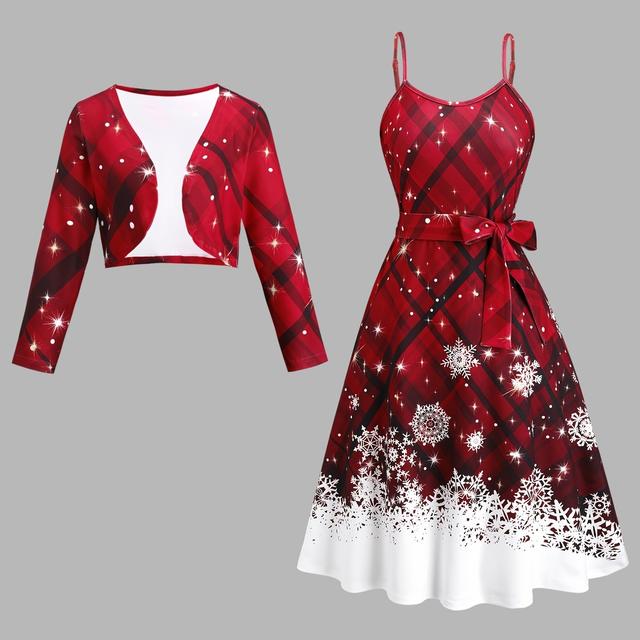 TEMU Women's Christmas Print Long Sleeve Cardigan With A Camisole Dress, A Casual Two-piece Long Skirt Set.