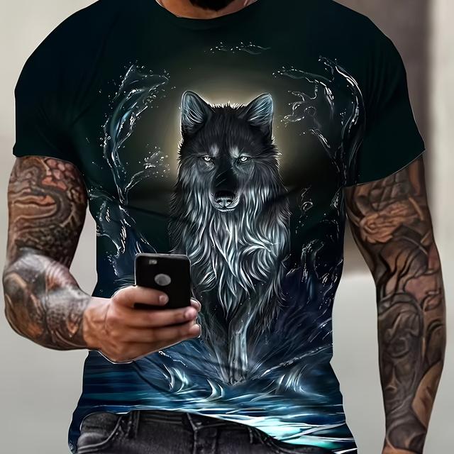 TEMU Camiseta de Hombre con Estampado 3D de Lobo, Cuello Redondo , Manga Corta, Tejido de Poliéster Elástico, Ajuste Casual para Todas