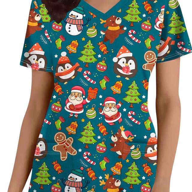 TEMU Christmas Women's T-shirt, V-neck Short Sleeve With Christmas Print, Elegant Women' Top, Soft Women's Nurse Uniform, Christmas Gift