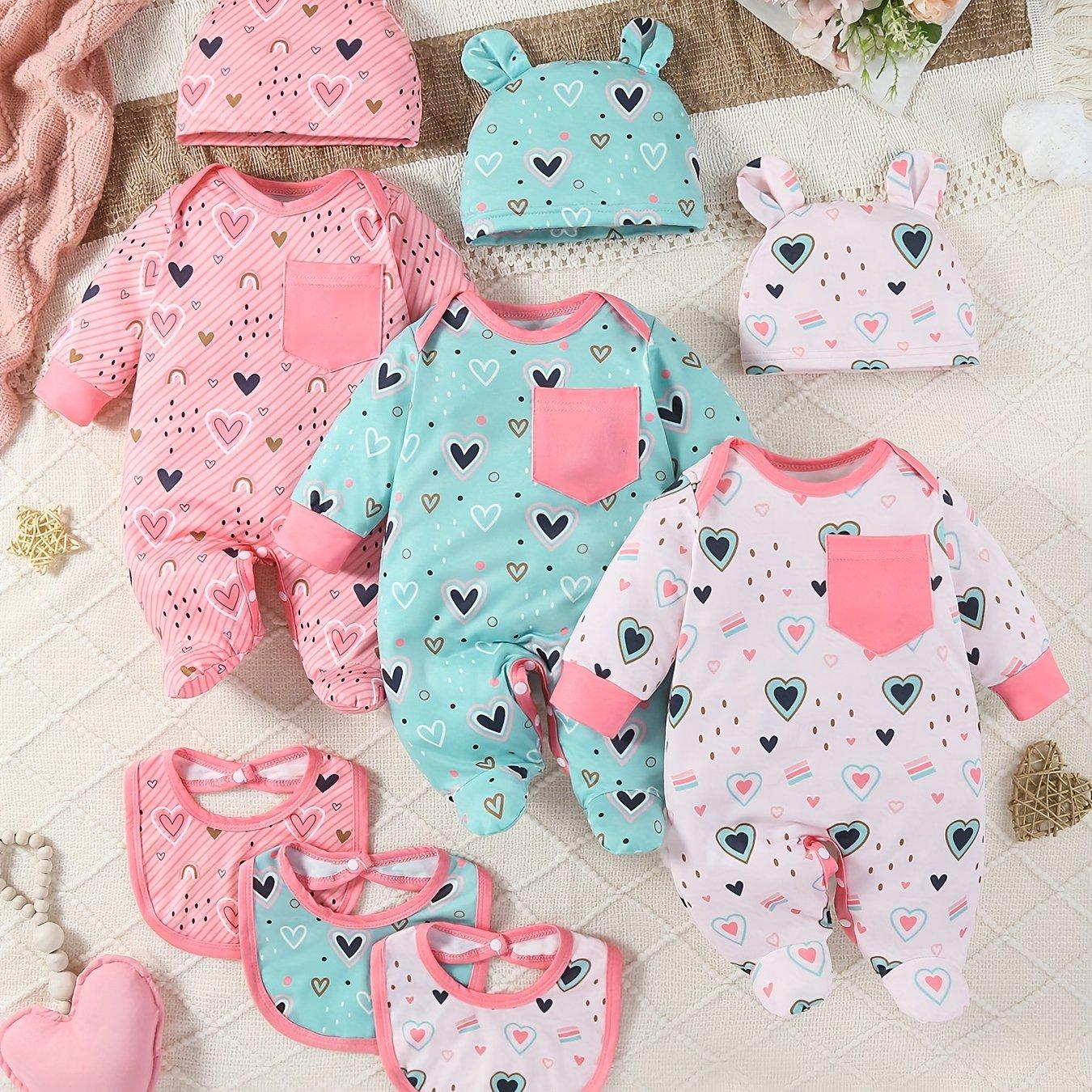 TEMU 9pcs Newborn & Long Sleeve Romper Set With Heart & Striped Patterns, Soft Knit Jumpsuits With Pockets & Bunny Hat, Outfits For &, For Outdoor