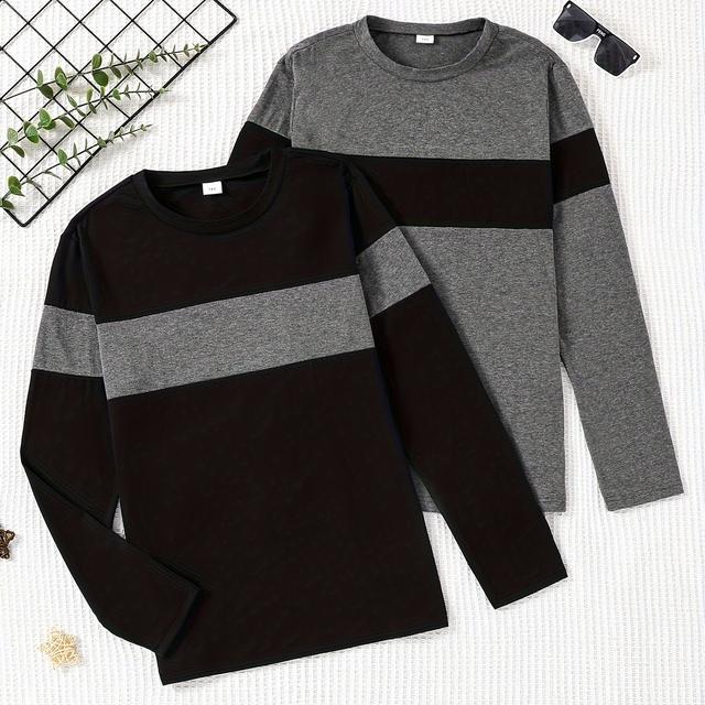 TEMU Two-pack ' Long Sleeve T-shirts, Pair, Regular Fit, Medium Stretch Fabric, , Spring/fall Collection, Casual Wear, Casual Attire, For Teenager