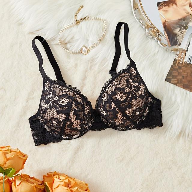 TEMU Eleganter Spitzen-Push-up-BH für Damen mit -Gewebe, Blumenmuster, nicht herausnehmbaren Polstern, gestrickter Bügelunterstützung - Sinnliche Alltagsdessous