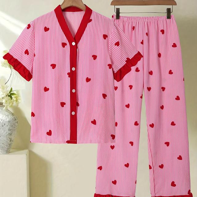 TEMU Lotusblad Elegante Dames Pyjama Set - Hartjespatroon V-Hals Top met Korte Mouwen en Broek, Lichtgewicht Loungewear