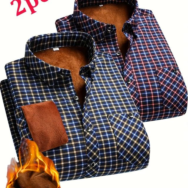 TEMU 2 Stück Herren Winterhemd aus schwerem Stoff – Thermisches Karo-Hemd mit Kragen, Slim Blau/Rot – Ideal für Hochzeiten, Büro, Partys, – Maschinenwaschbare Wetterkleidung