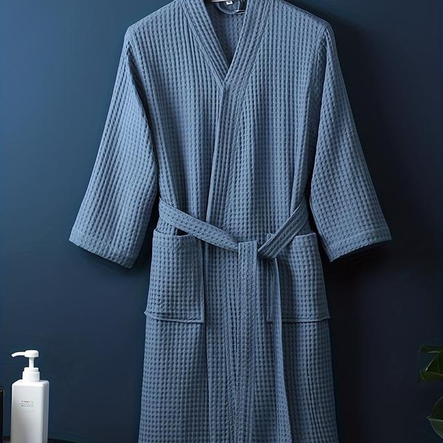 TEMU Ein waffel-gefärbter Bademantel in Unifarben mit Kimono-Kragen, langen Ärmeln, Gürtel und . Er ist atmungsaktiv, saugfähig und bequem, was ihn für alle Jahreszeiten geeignet macht.