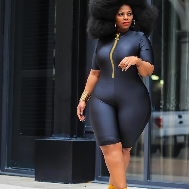 TEMU Plus Size Zipper Slim Romper, Casual Short Sleeve Romper For Summer, Women's Plus Size Clothing