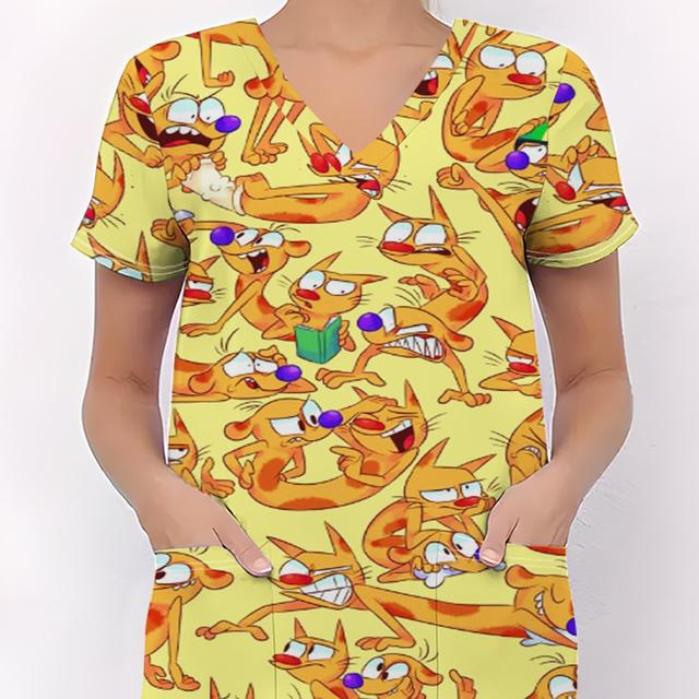 TEMU Blusa de Trabajo Casual para Mujer con Estampado de Mundo de Animales y Plantas Animados, Cuello en V, Mezcla de Poliéster y Urea, Transpirable, Estilo Casual para Todas , con Bolsillos