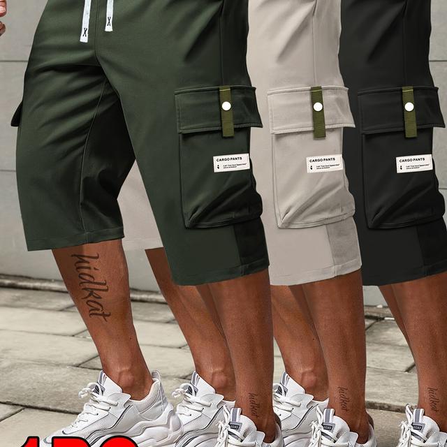 TEMU 1pc Men's Summer Casual Cargo Shorts, Drawstring With Large Pockets, Solid Color Polyester, Letter Patch Design, Fashionable For Daily Wea