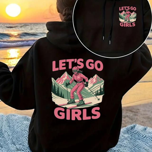 TEMU Hooded Sweatshirt With Front And , Featuring A Skiing, Winter Print Hoodie, Drawstring Casual Hoodie, Suitable For Winter And Autumn, Women's Apparel