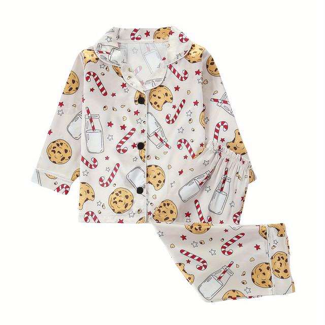 TEMU Christmas Thanksgiving Pumpkin Pattern Pajamas For Children Comfortable Front Button Long Sleeve Waist Long Pants Sleepwear Air Conditioner