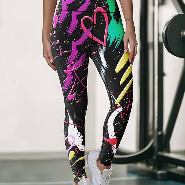 TEMU Women's High-waisted Yoga Leggings With Abstract Print - Breathable Stretchy 7/8 Length Workout Pants, Asymmetrical Design For Gym, Training & Wear, Yoga Pants, Durable Sportswear