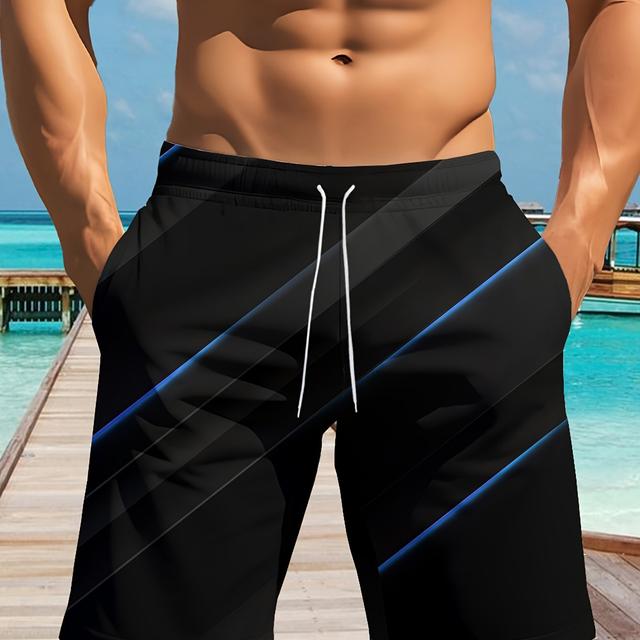 TEMU Men's Lightweight Polyester 3d Geometric Print Drawstring Shorts - Machine Washable, Regular Fit Casual Summer Shorts For Outdoor Activities & Beachwear, Modern Beachwear