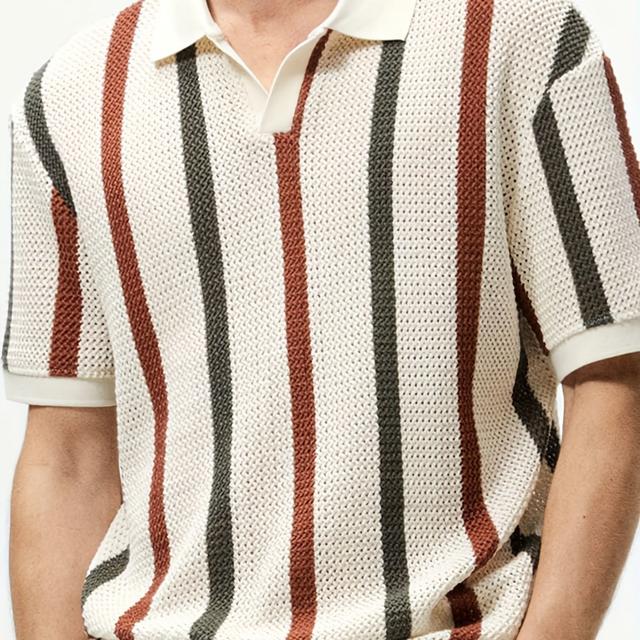 TEMU Men's Casual V-neck Striped Knit Top - Beige & Black Color Block, Short Sleeve, Lightweight Summer Blouse For Casual Attire, Summer Casual Wear | Stylish Striped Shirt | Knit Construction