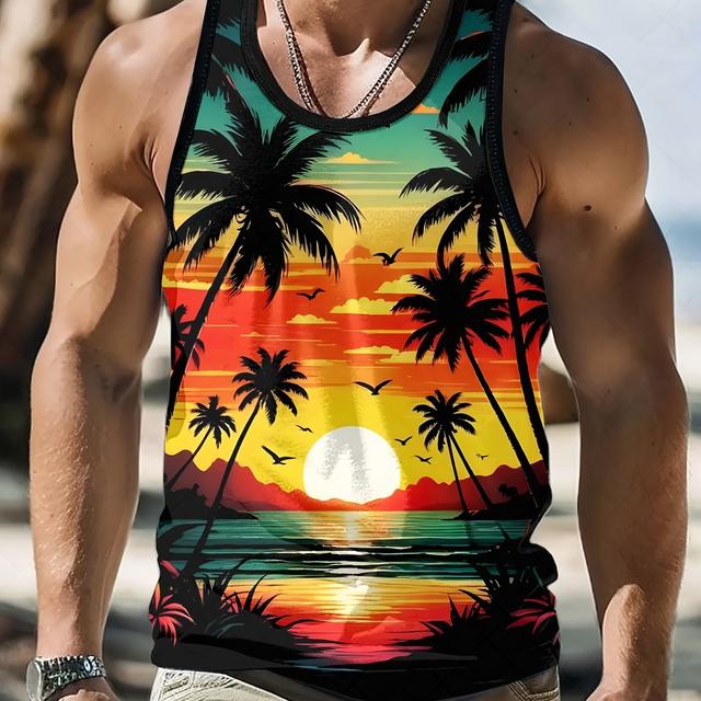TEMU Men's Tropical Print Sleeveless Tank Top - Vibrant Palm Tree & Sunset Design, Stretchy Polyester Blend, Casual Summer Beachwear For Adults, Casual Attire | Tropical Print Top |