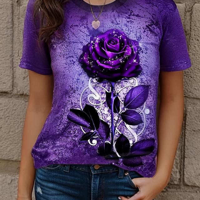 TEMU Mystical Purple T-shirt With - Short Sleeve, Round Neck, Casual Wear, Tshirt | Floral Pattern Top | Detailed Print Quality, Purple T Shirts