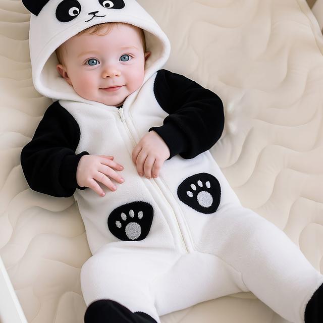 TEMU Herbst/Winter Neugeborene niedlicher Panda-Ohr besticktes Muster Fuß-Schlafanzug, Jungen-Reißverschluss-Strickjacke Kapuzen-Strampler-Schlafanzug Panda-Babykleidung