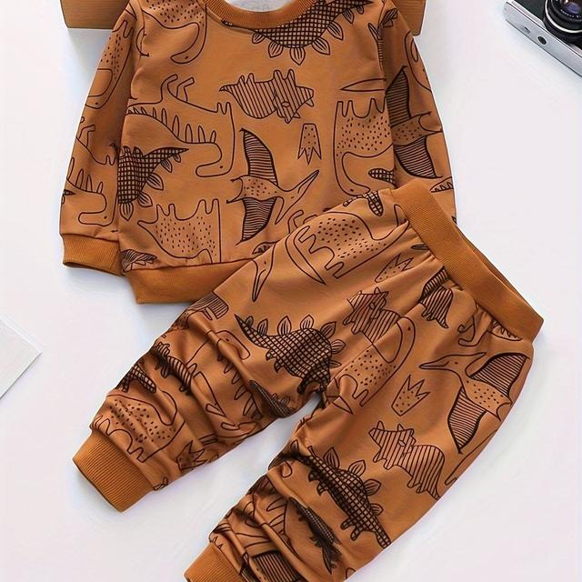 TEMU Frühling Herbst Schwarze Linie Dinosaurier Mode-Set, für Draußen