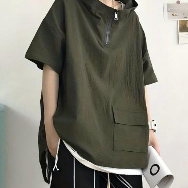 TEMU 和風ミニマリストハイネックウェア半袖ストリートウェアトレンディルーズ機能的だらしないルーズだらしないファッショナブル万能ハイネック半袖メンズ服