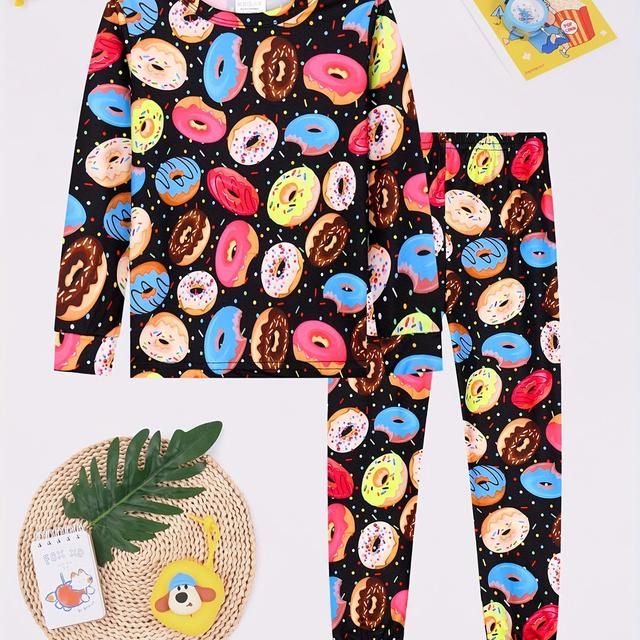 TEMU Donut 2pcs Set, Kids' Long Sleeve And Pants, Random Fabric Pajama Set, Soft, Comfortable, Warm