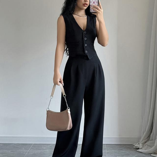 TEMU Women's Stylish Black Sleeveless Jumpsuit With V-neck And Button Detail - Wide Leg, Spring/fall, Casual To Formal Attire, Casual Attire| Jumpsuit| Jumpsuit