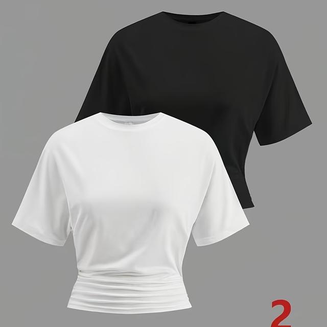 TEMU Katzenohren Damen Einfaches Basic Stretch Weißes Lockeres Plissiertes Crop T-Shirt, Casual Zweiteiler Set