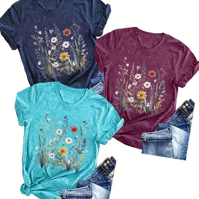 TEMU Plus Size, 3-delige Print Ronde Hals T-Shirt, Casual Korte Mouw T-Shirt voor Lente/Zomer, Dameskleding