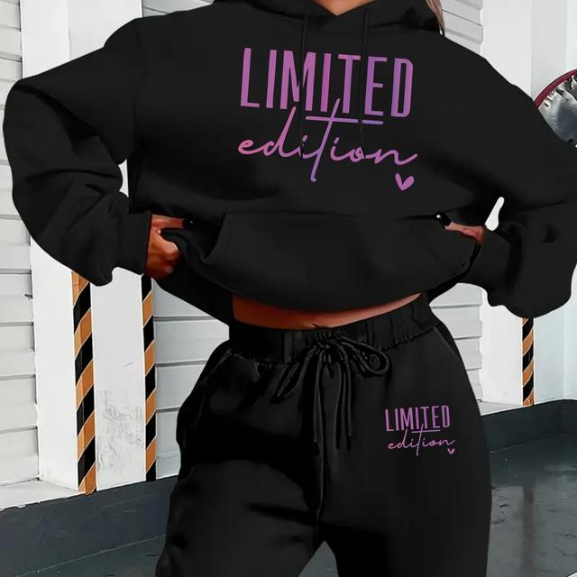 TEMU Plus Size - Plus Size - Letter Pattern Print Women's Plus Size Hooded Sweatshirt Set Kangaroo Pocket Hoodie Drawstring Pants - Trendy Fashion Casual Set